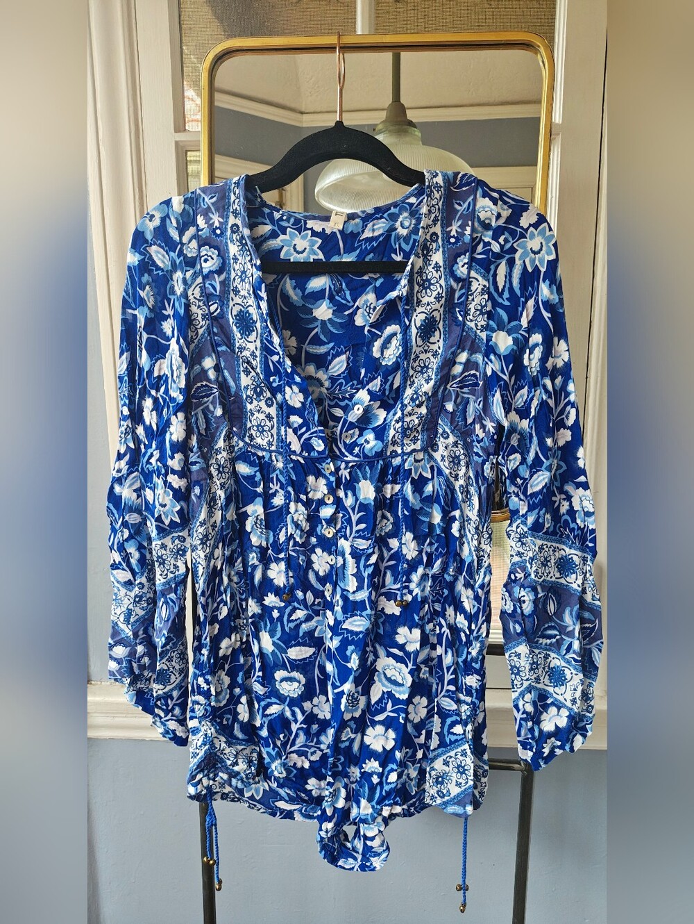 Spell Lolita Romper Blue & White Floral V-Neck Tunic, XS, EUC